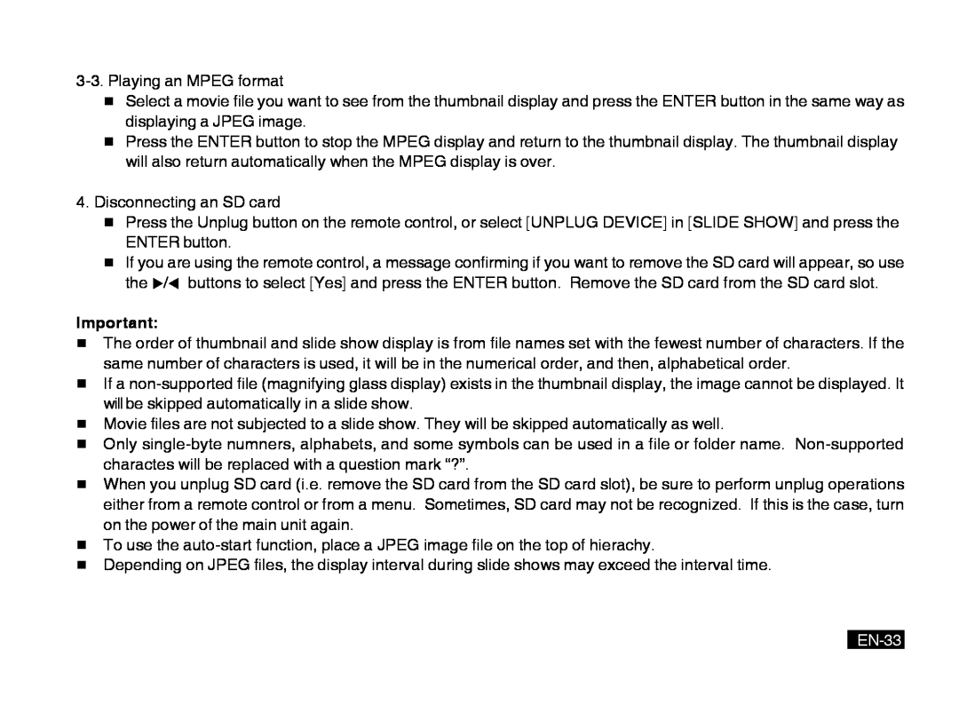 Mitsubishi Electronics PK20 user manual EN-33, Playing an MPEG format 