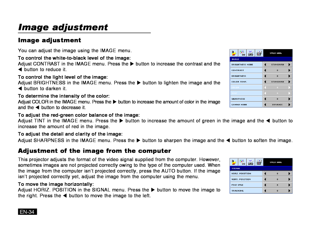 Mitsubishi Electronics PK20 user manual Image adjustment, Adjustment of the image from the computer, EN-34 