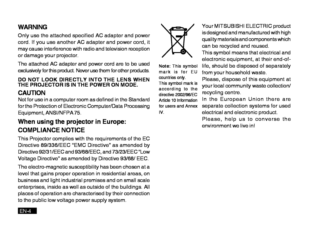 Mitsubishi Electronics PK20 user manual When using the projector in Europe COMPLIANCE NOTICE, EN-4 