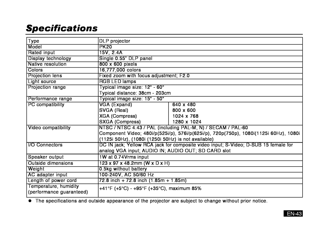 Mitsubishi Electronics PK20 user manual Specifications, EN-43 