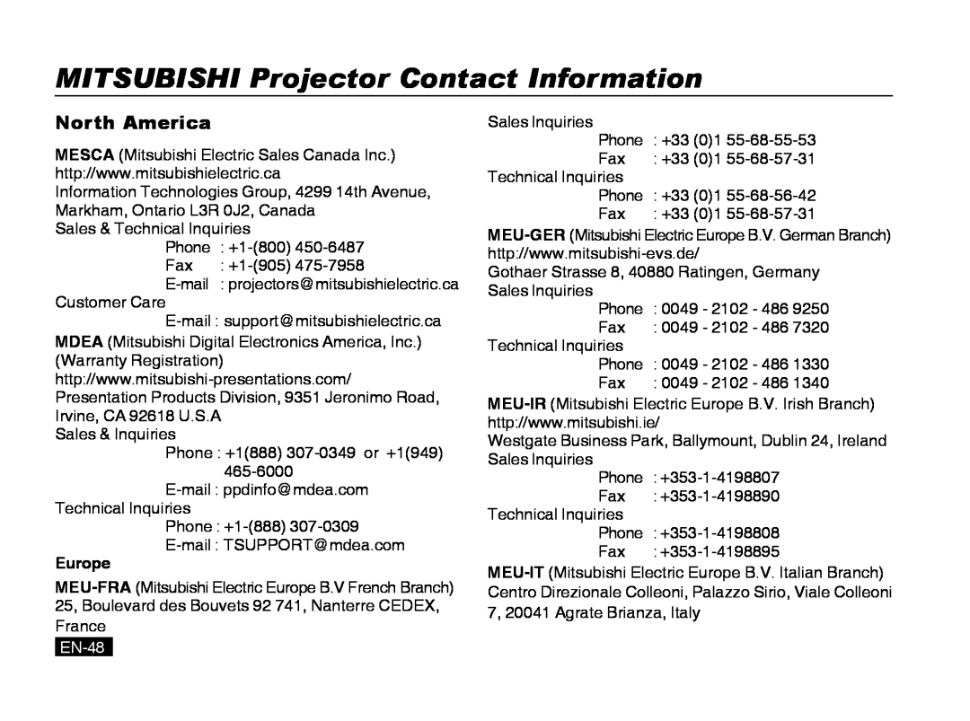 Mitsubishi Electronics PK20 user manual MITSUBISHI Projector Contact Information, North America, EN-48 