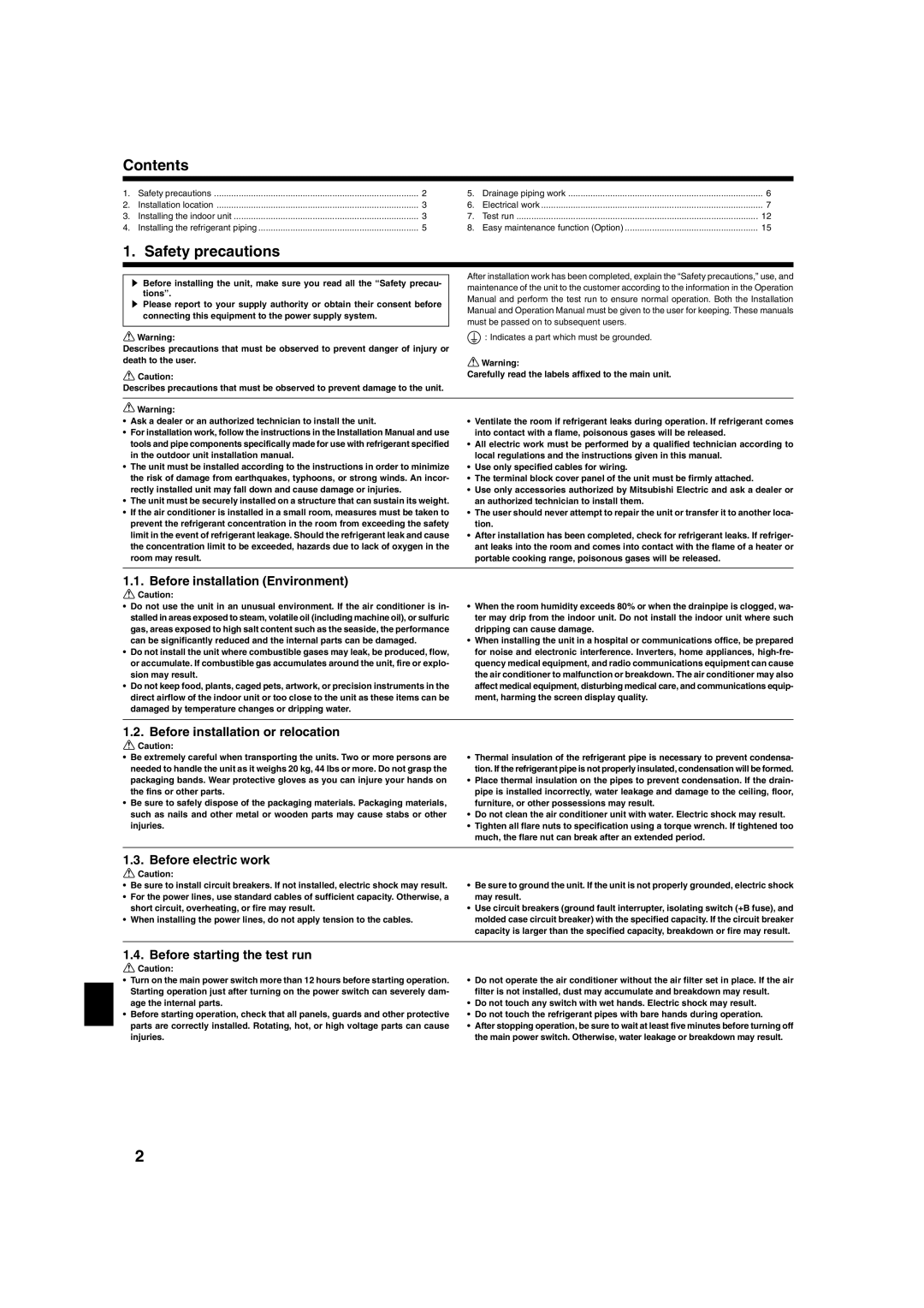 Mitsubishi Electronics PKA-A-GA installation manual Contents, Safety precautions 