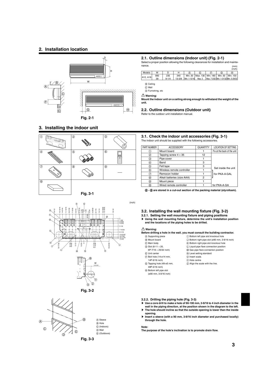 Mitsubishi Electronics PKA-A-GA installation manual Installation location, Installing the indoor unit 