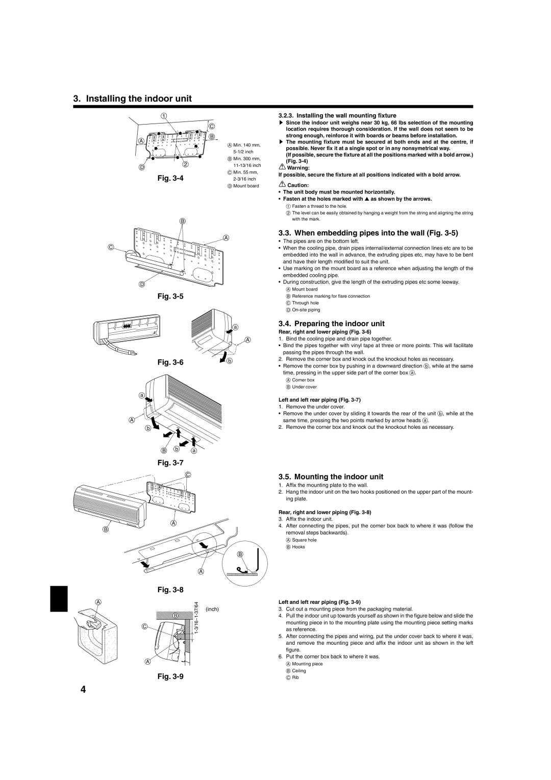 Mitsubishi Electronics PKA-A-GA installation manual When embedding pipes into the wall Fig, Preparing the indoor unit 