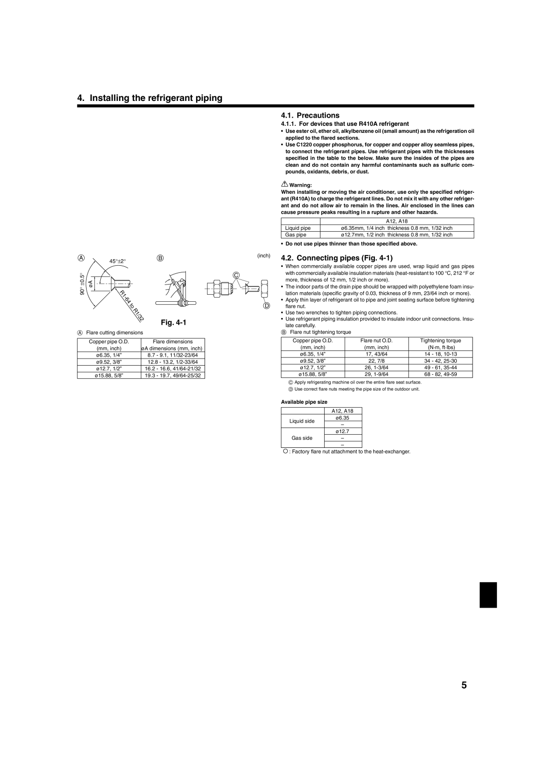 Mitsubishi Electronics PKA-A-GA installation manual Installing the refrigerant piping, Precautions, Connecting pipes Fig 