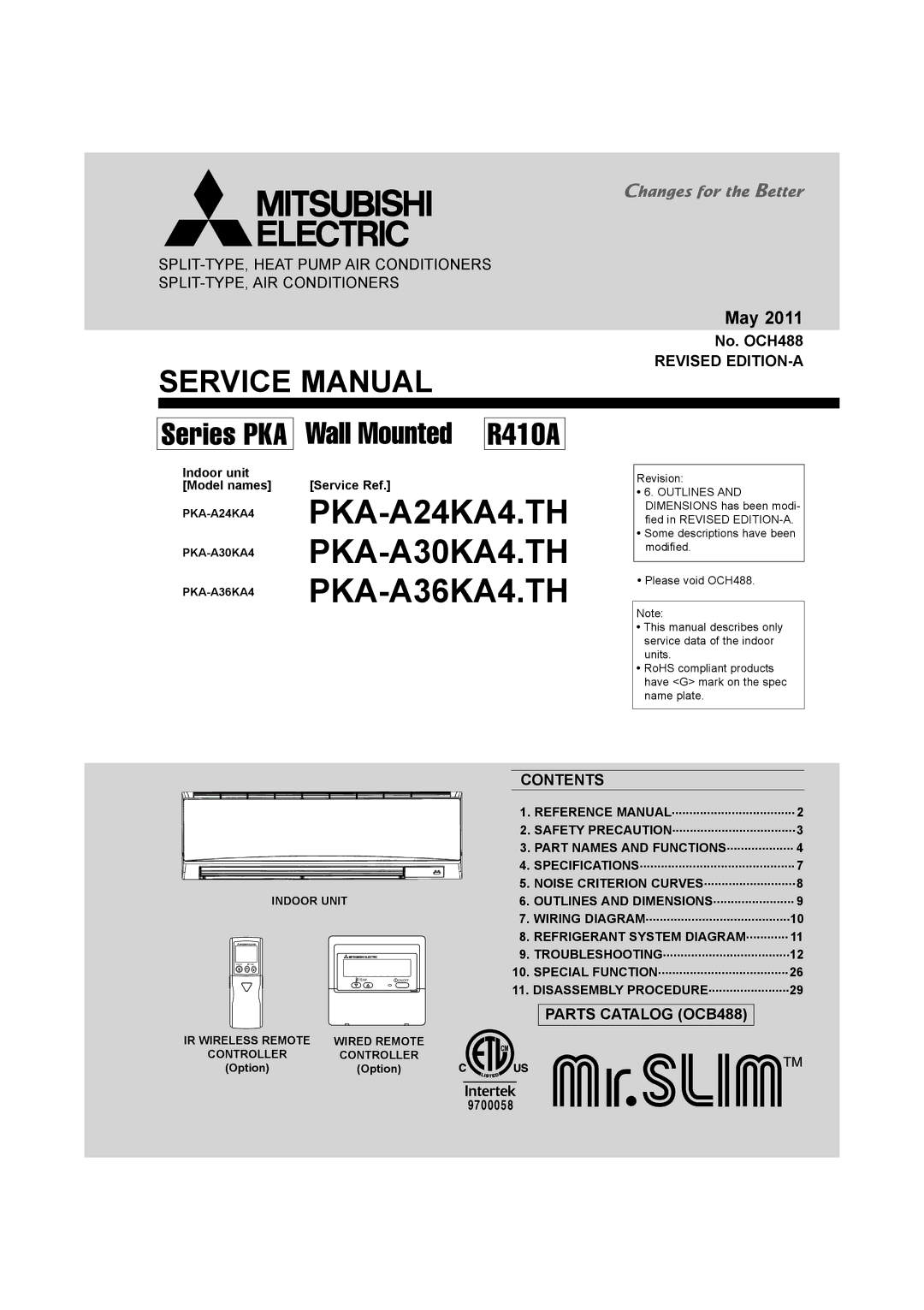 Mitsubishi Electronics PKA-A24KA4.TH, PKA-A36KA4.TH service manual Revised EDITION-A, Contents, Parts Catalog OCB488 