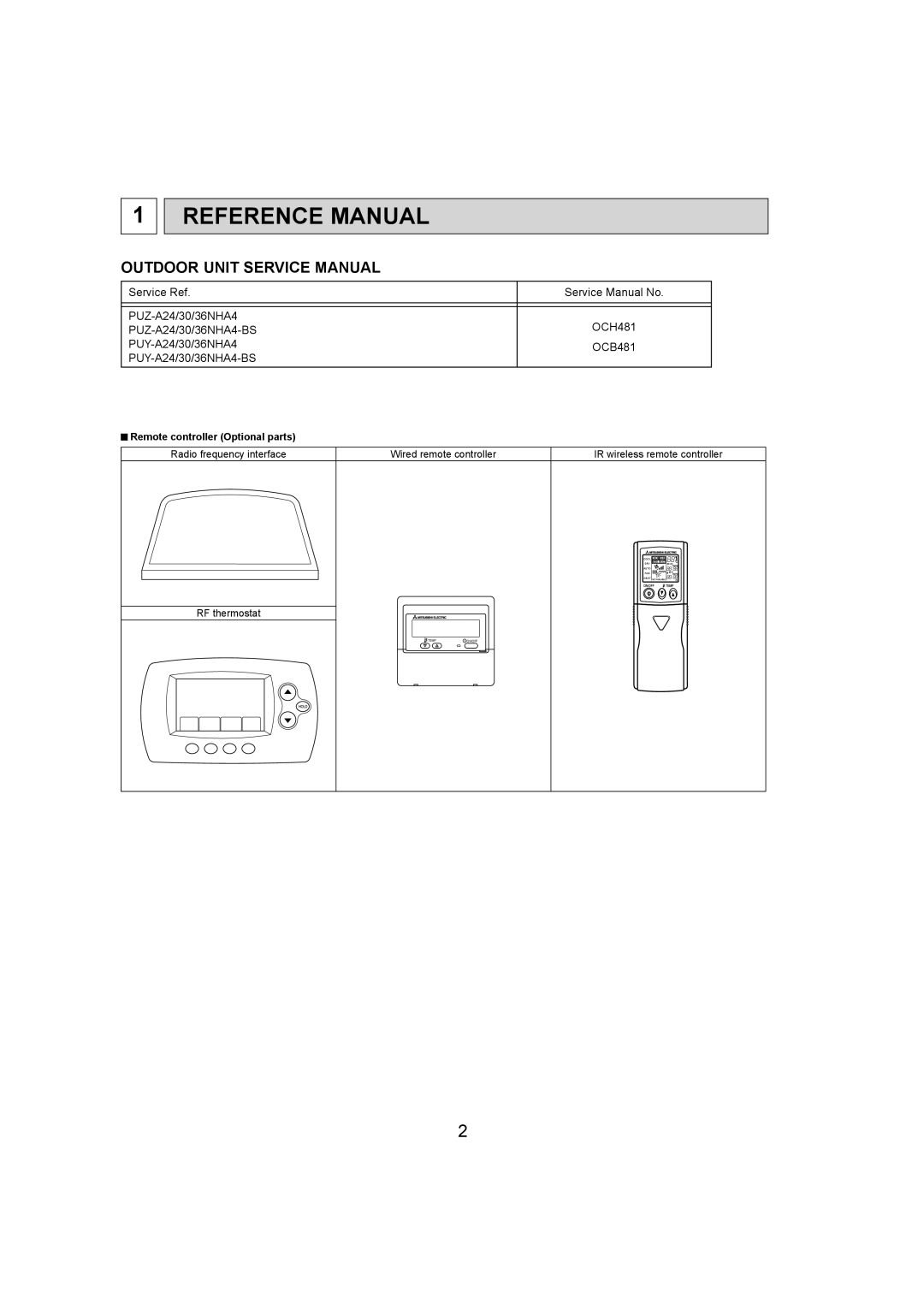 Mitsubishi Electronics PKA-A30KA4.TH, PKA-A36KA4.TH, PKA-A24KA4.TH Reference Manual, Remote controller Optional parts 