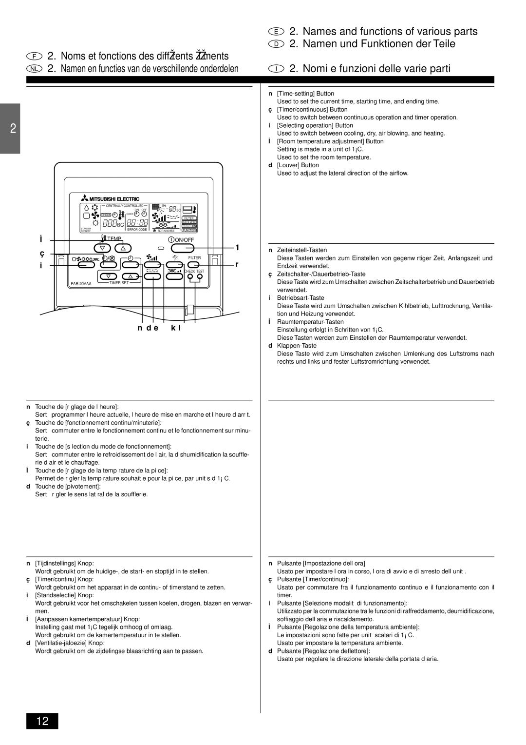 Mitsubishi Electronics PKFY-PVAM-A operation manual Names and functions of various parts 