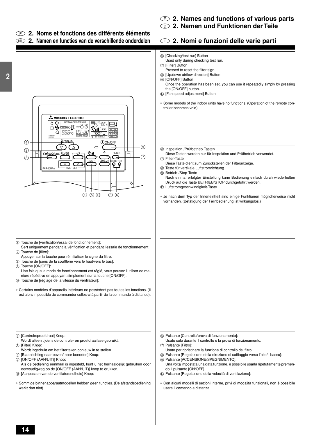 Mitsubishi Electronics PKFY-PVAM-A Checking/test run Button, Used only during checking test run, Filter Button 