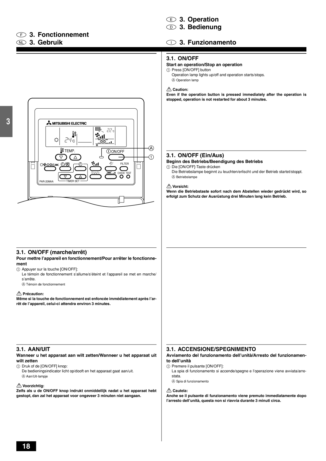 Mitsubishi Electronics PKFY-PVAM-A operation manual ON/OFF marche/arrêt, Aan/Uit, On/Off, ON/OFF Ein/Aus 