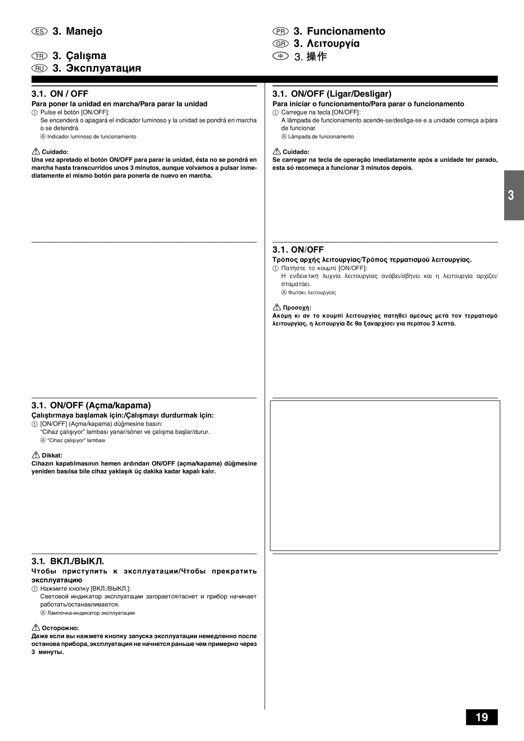 Mitsubishi Electronics PKFY-PVAM-A operation manual On / OFF, ON/OFF Açma/kapama, Вкл./Выкл, ON/OFF Ligar/Desligar, On/Off 