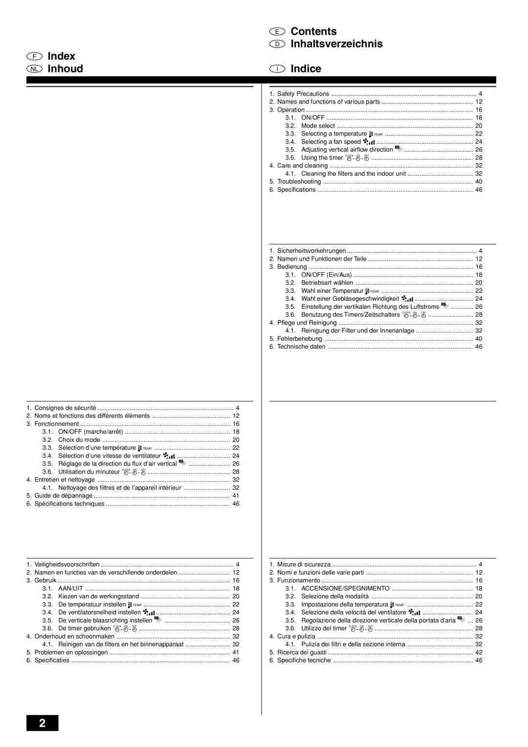 Mitsubishi Electronics PKFY-PVAM-A operation manual Contents Index Inhaltsverzeichnis Inhoud Indice 