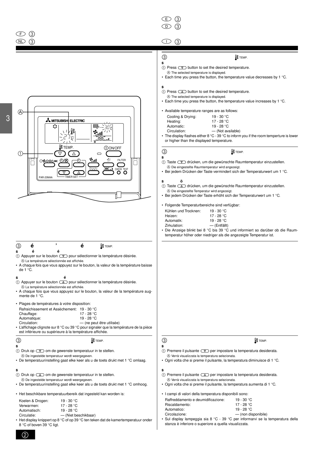 Mitsubishi Electronics PKFY-PVAM-A operation manual Sélection d’une température Temp, De temperatuur instellen Temp 