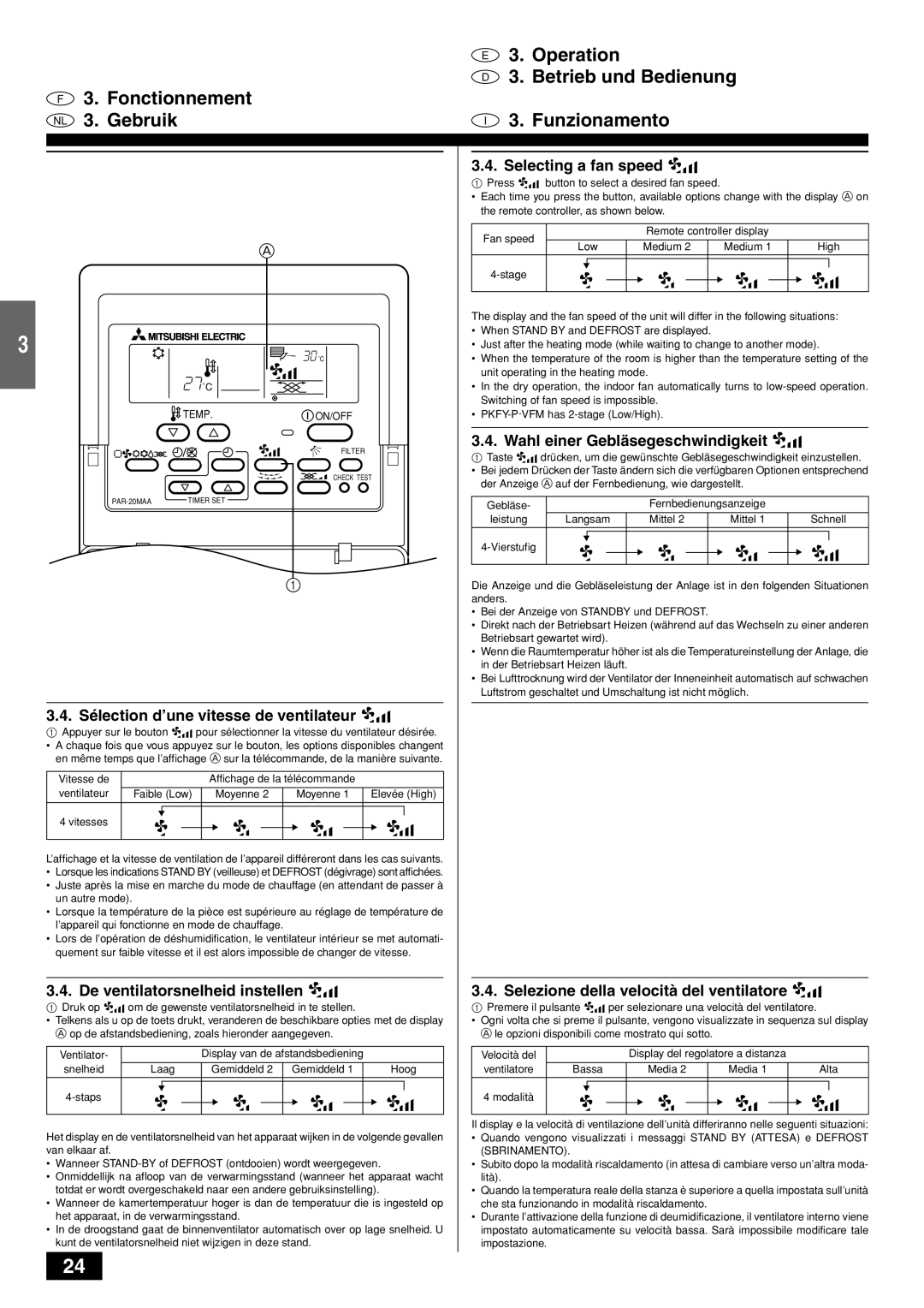 Mitsubishi Electronics PKFY-PVAM-A operation manual Sélection d’une vitesse de ventilateur, De ventilatorsnelheid instellen 