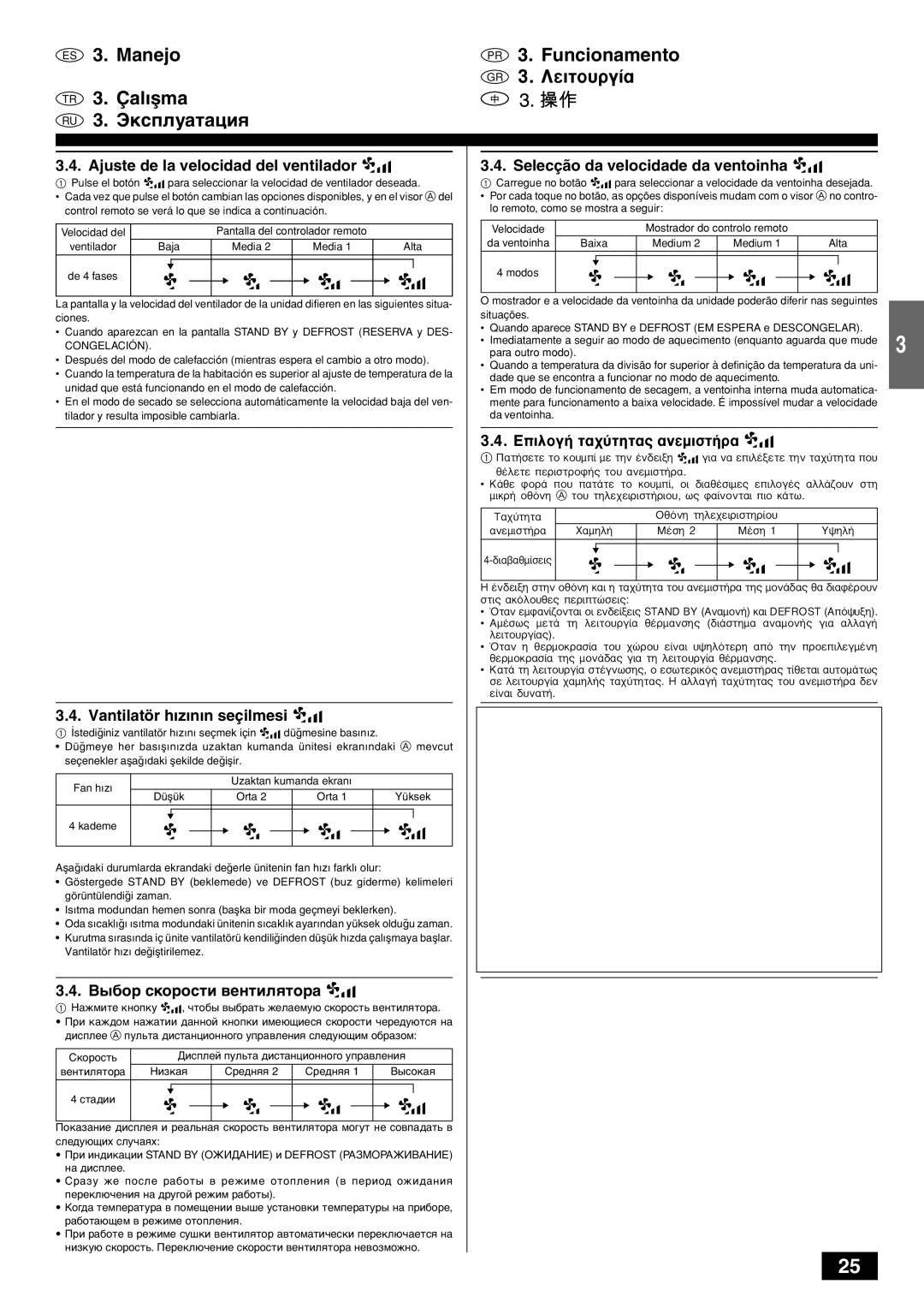 Mitsubishi Electronics PKFY-PVAM-A operation manual Ajuste de la velocidad del ventilador, Vantilatör h›z›n›n seçilmesi 