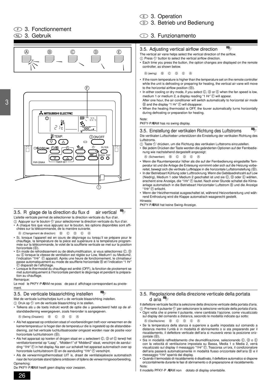 Mitsubishi Electronics PKFY-PVAM-A Réglage de la direction du flux d’air vertical, De verticale blaasrichting instellen 