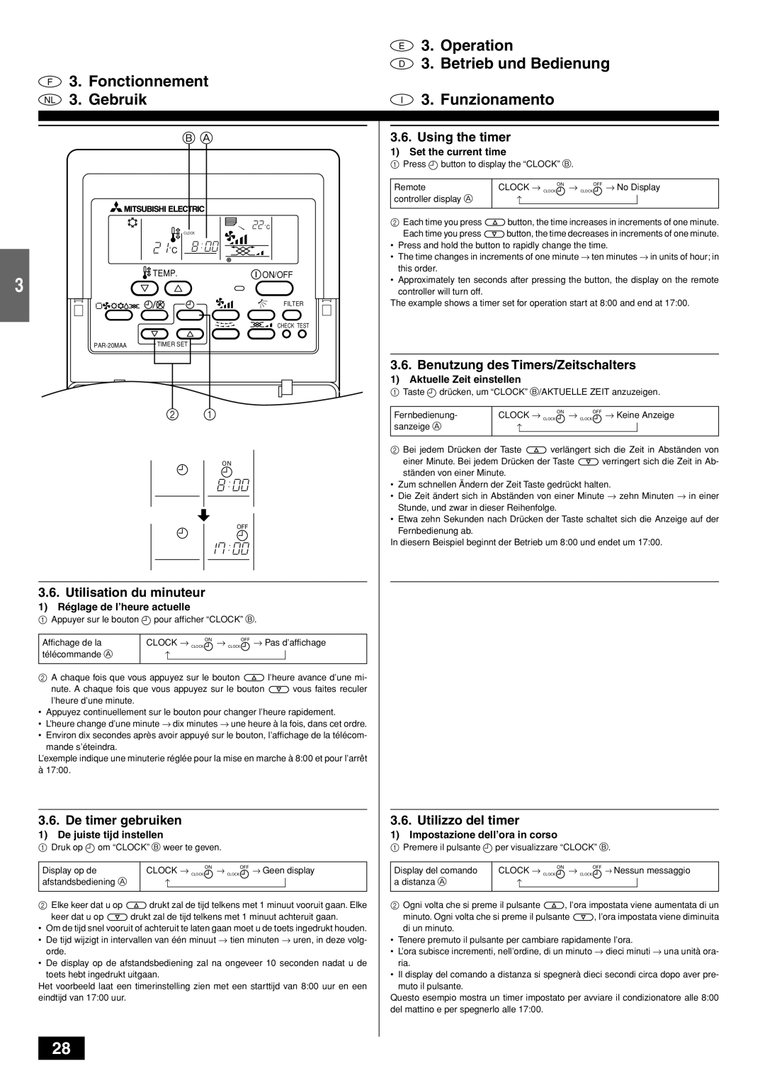 Mitsubishi Electronics PKFY-PVAM-A operation manual Operation, Gebruik Funzionamento 