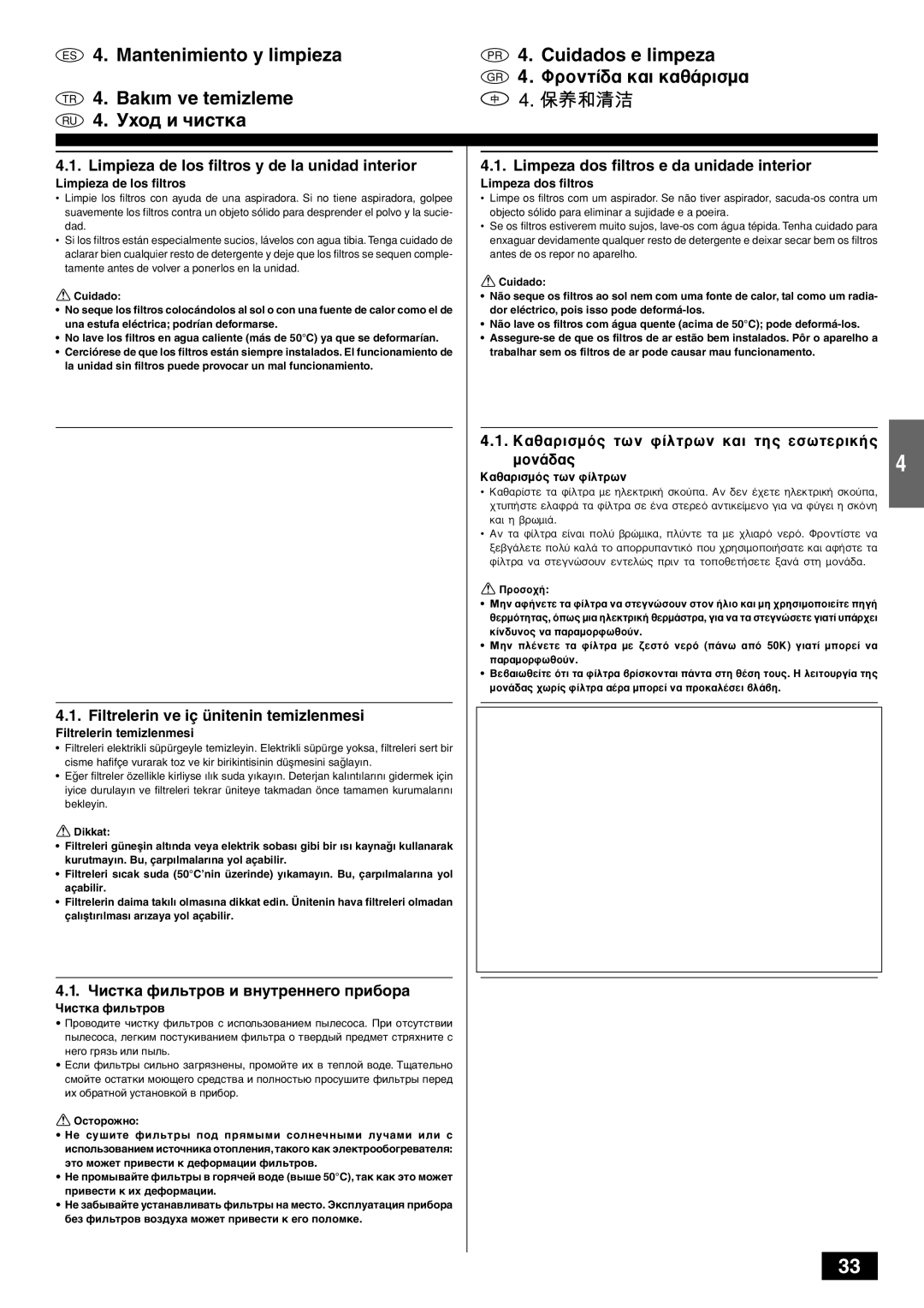 Mitsubishi Electronics PKFY-PVAM-A operation manual ºÚÔÓÙ›‰· Î·È Î·ı¿ÚÈÛÌ·, Limpieza de los filtros y de la unidad interior 