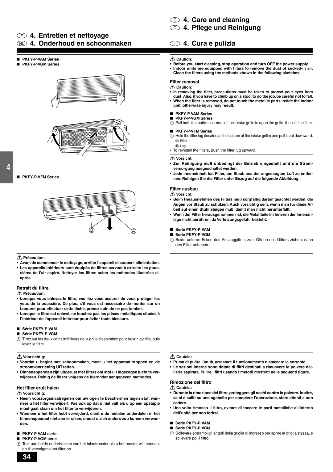 Mitsubishi Electronics PKFY-PVAM-A Retrait du filtre, Het filter eruit halen, Filter removal, Filter ausbau 