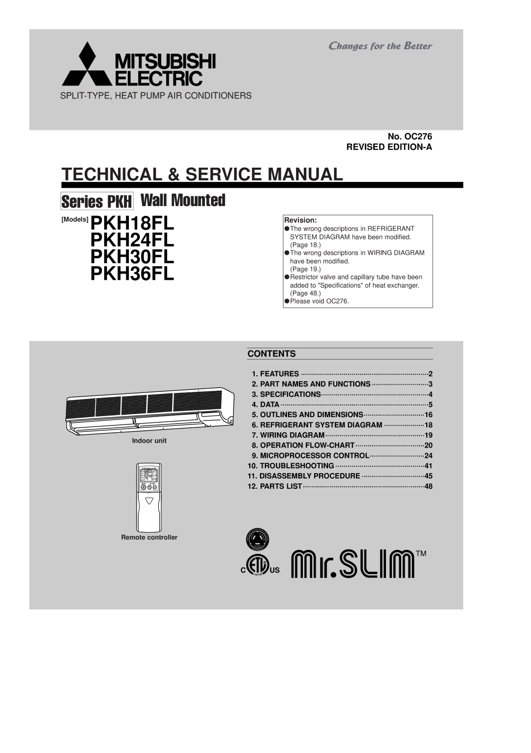 Mitsubishi Electronics PKH24FL, PKH36FL, PKH30FL, PKH18FL service manual Revised EDITION-A, Contents 