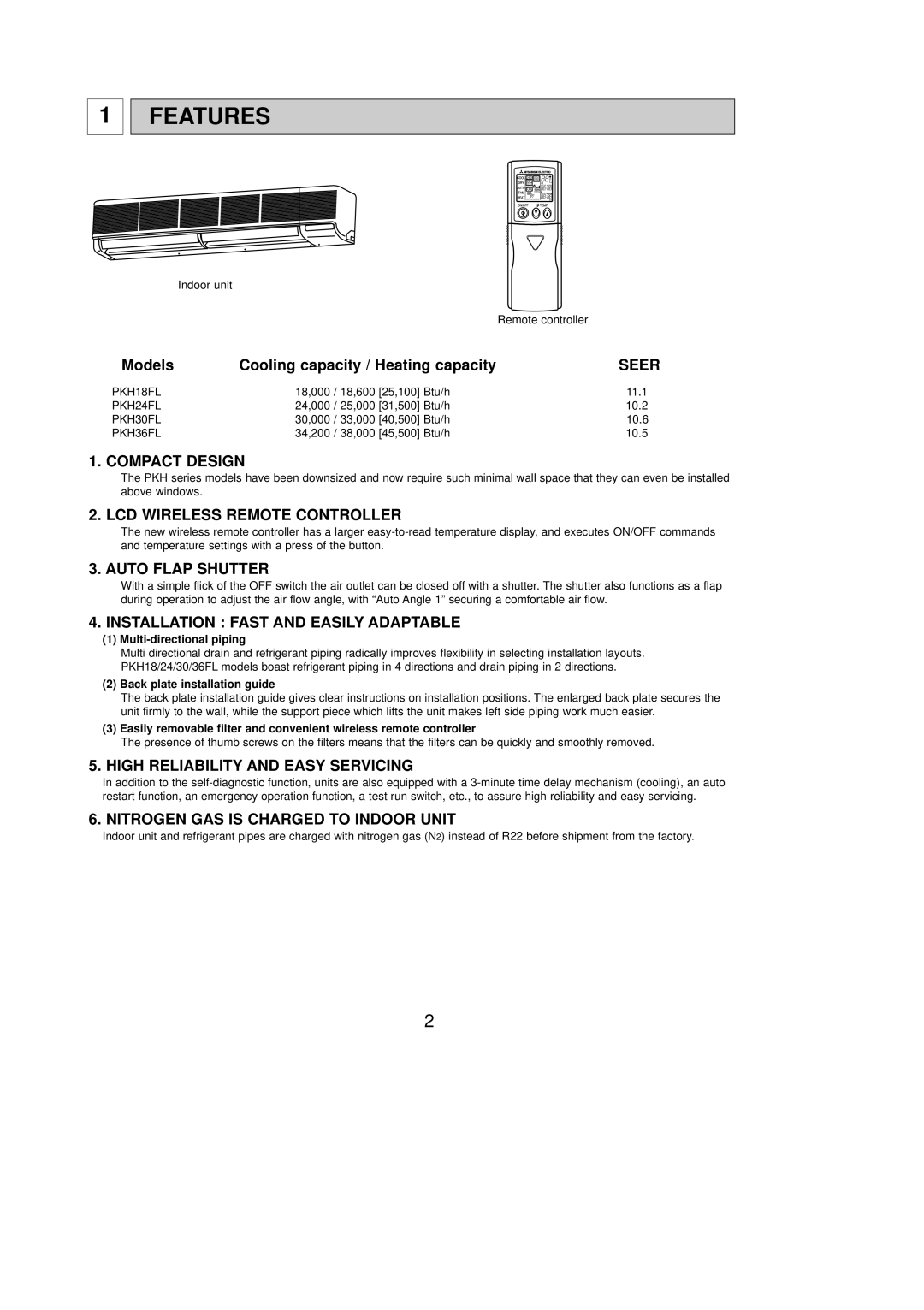 Mitsubishi Electronics PKH30FL, PKH36FL, PKH24FL, PKH18FL service manual Features 