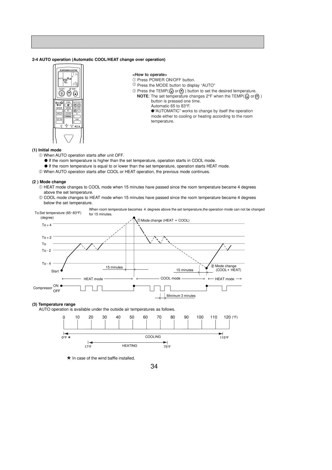 Mitsubishi Electronics PKH30FL, PKH36FL, PKH24FL, PKH18FL service manual Initial mode, Mode change, Temperature range 