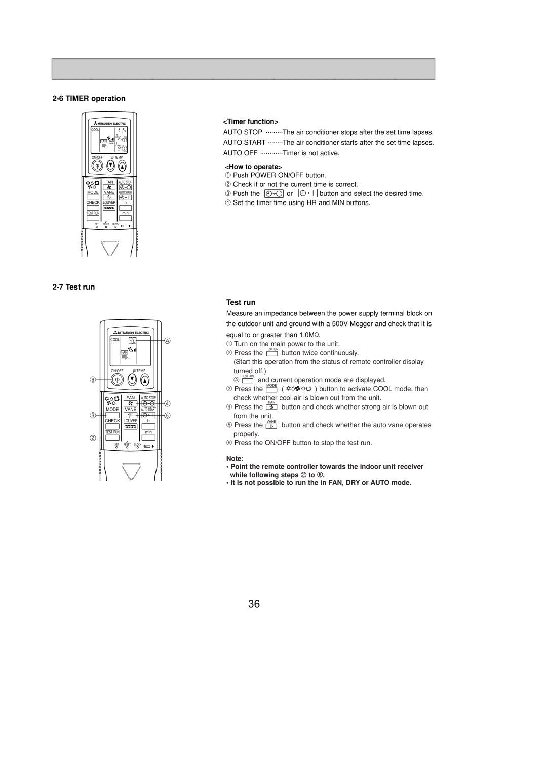 Mitsubishi Electronics PKH36FL, PKH24FL, PKH30FL, PKH18FL service manual Timer operation, Test run, Timer function 