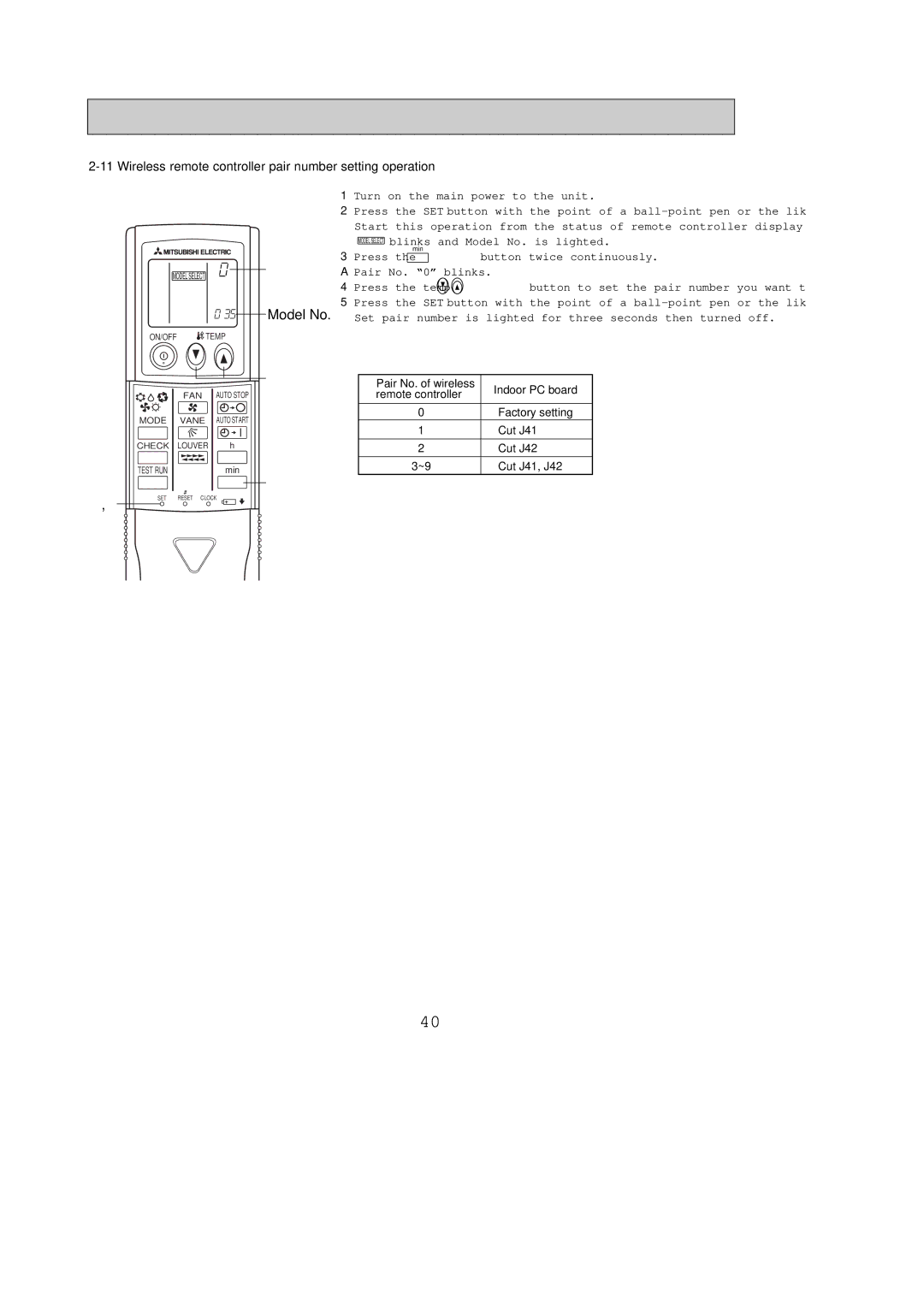 Mitsubishi Electronics PKH36FL, PKH24FL, PKH30FL, PKH18FL Model No, Wireless remote controller pair number setting operation 