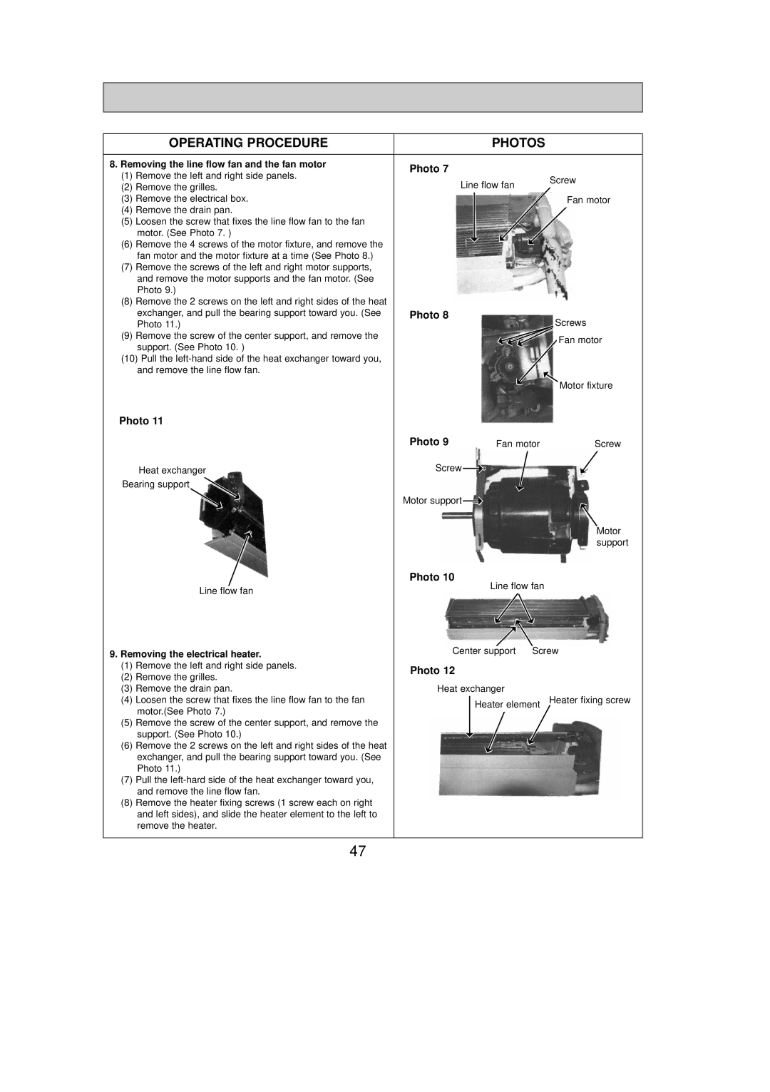 Mitsubishi Electronics PKH18FL, PKH36FL, PKH24FL Operating Procedure Photos, Removing the line flow fan and the fan motor 