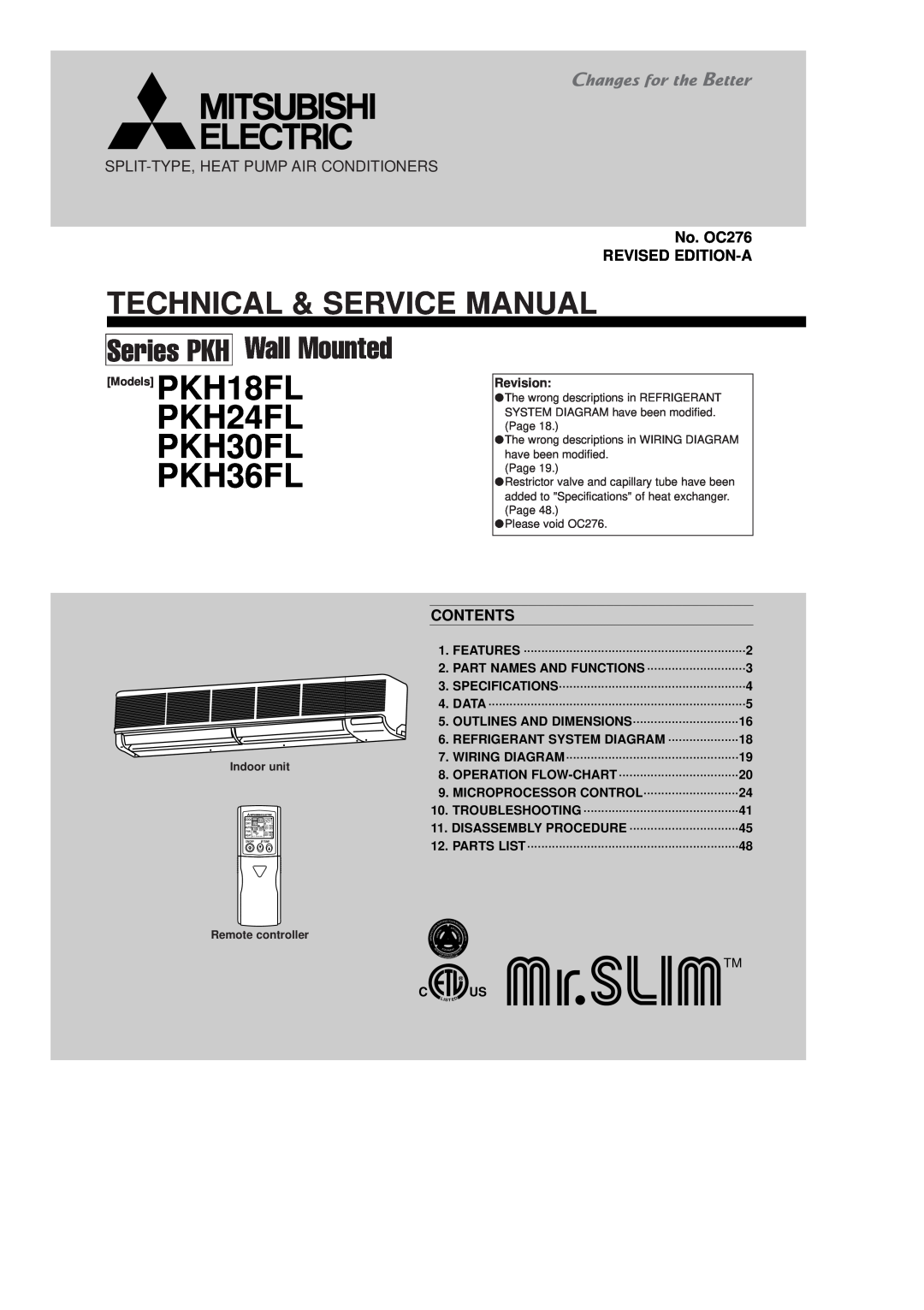 Mitsubishi Electronics PKH18FL service manual No. OC276 REVISED EDITION-A, Contents, PKH24FL PKH30FL PKH36FL, Revision 