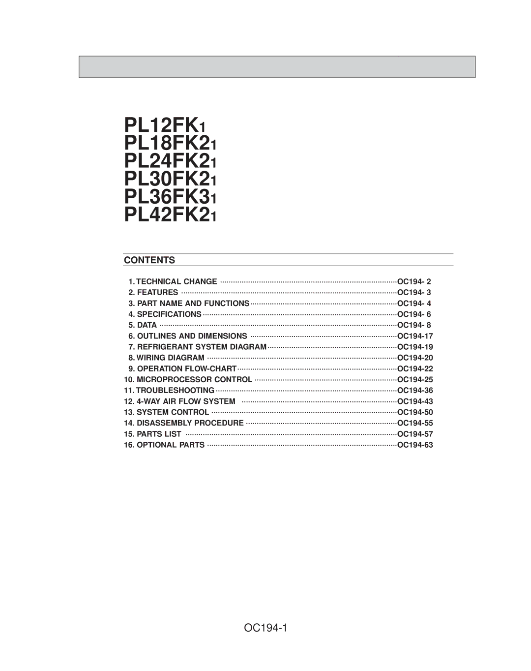 Mitsubishi Electronics PL36FK31, PL42FK21, PL30FK21, PL18FK21, PL12FK1, PL24FK21 specifications OC194-1, Contents 