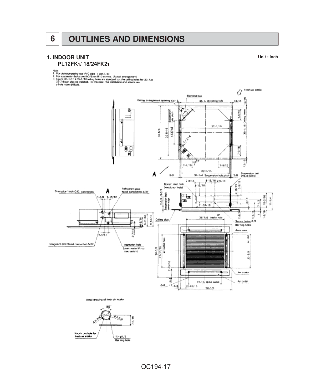 Mitsubishi Electronics PL24FK21, PL42FK21 Outlines and Dimensions, OC194-17, Indoor Unit, PL12FK1/ 18/24FK21, Unit inch 