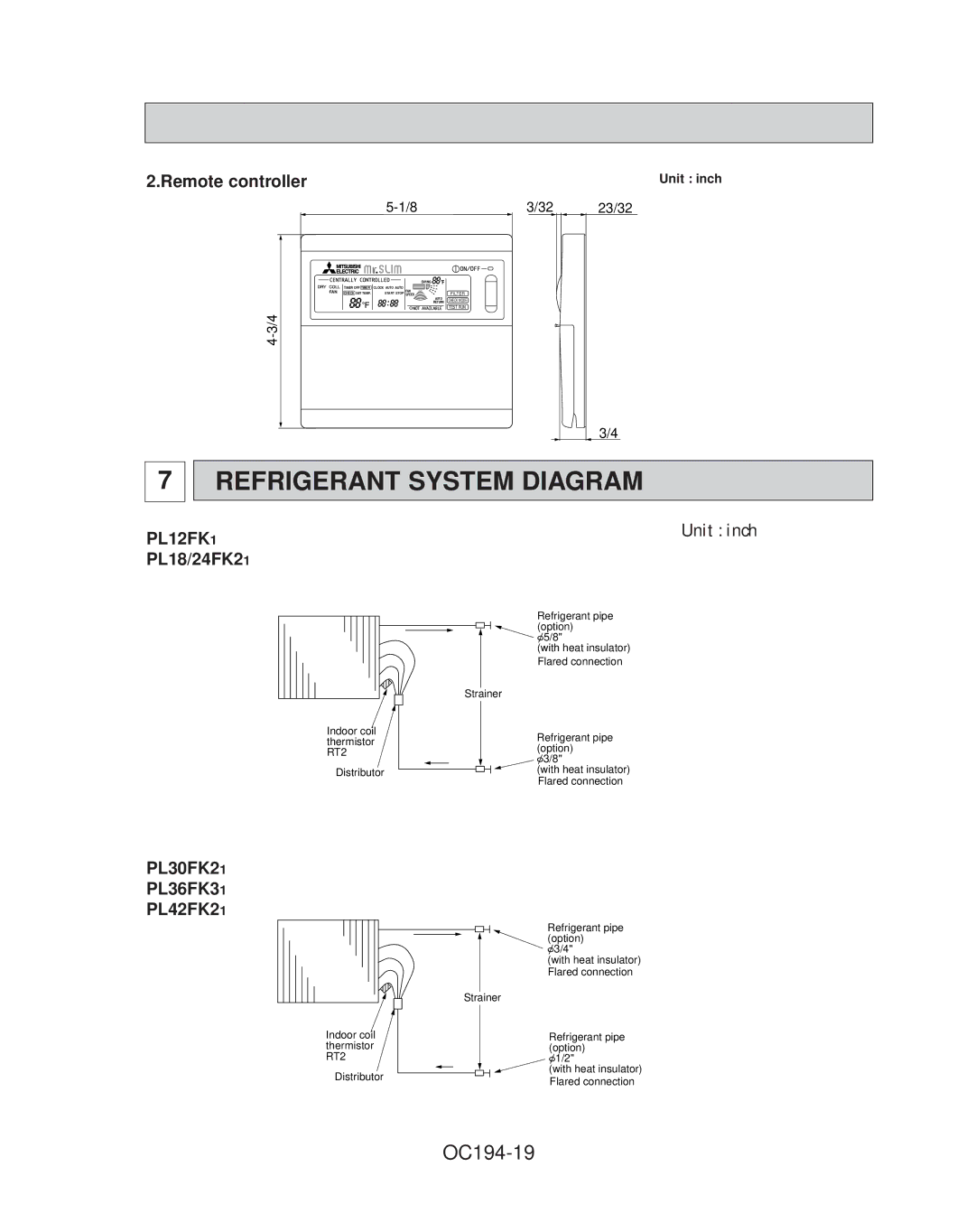 Mitsubishi Electronics PL36FK31, PL42FK21, PL30FK21, PL18FK21, PL24FK21 Refrigerant System Diagram, OC194-19, PL12FK1 