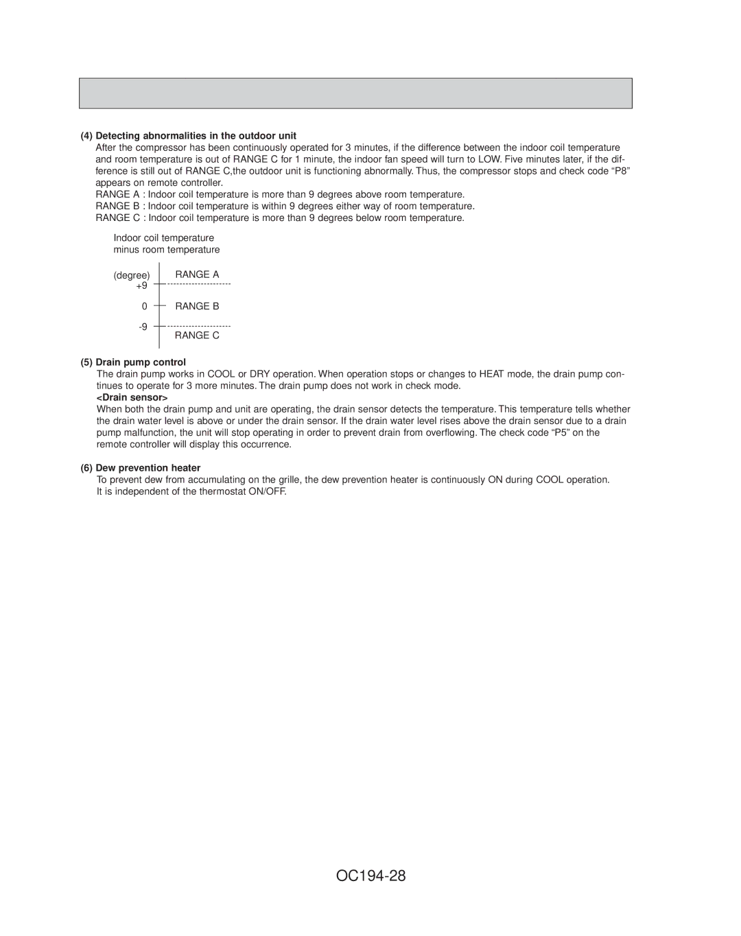 Mitsubishi Electronics PL12FK1 OC194-28, Detecting abnormalities in the outdoor unit, Drain pump control, Drain sensor 