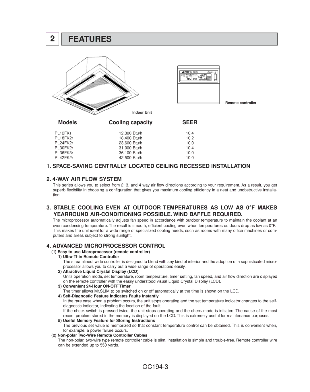 Mitsubishi Electronics PL18FK21, PL42FK21 Features, OC194-3, Models Cooling capacity, Advanced Microprocessor Control 