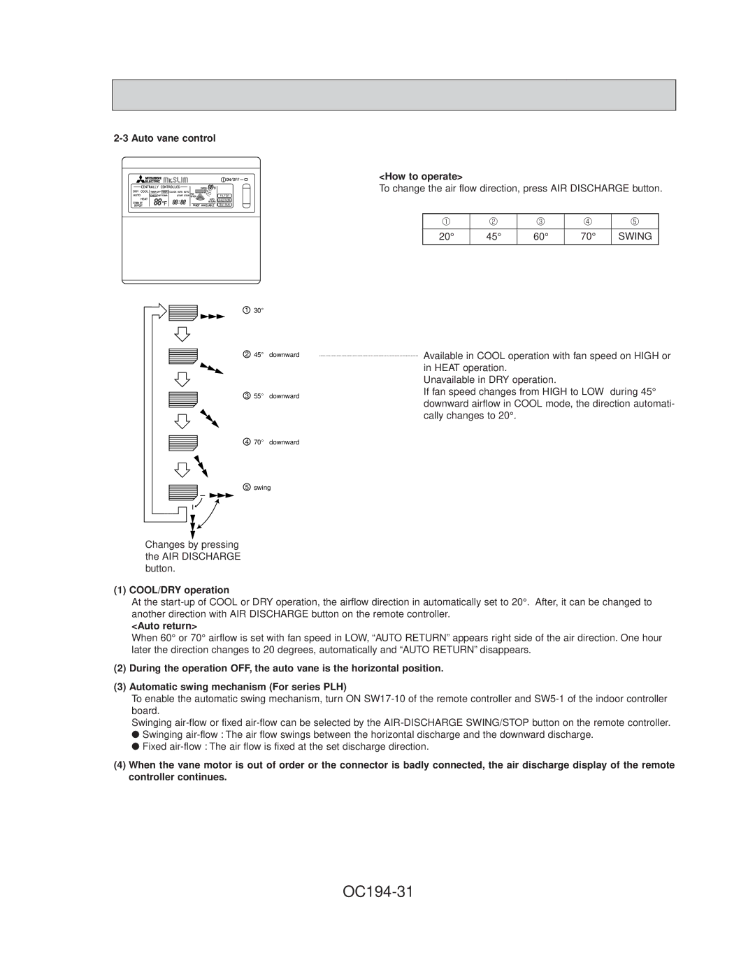 Mitsubishi Electronics PL36FK31, PL42FK21, PL30FK21, PL18FK21, PL12FK1 OC194-31, Swing, COOL/DRY operation, Auto return 