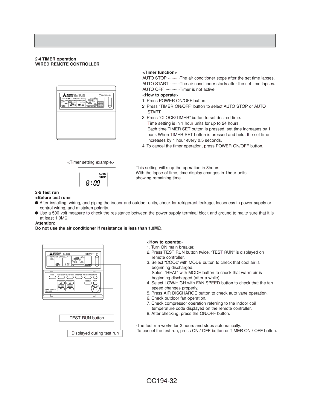 Mitsubishi Electronics PL30FK21 OC194-32, Timer operation, Timer function, Test run Before test run, Test RUN button 