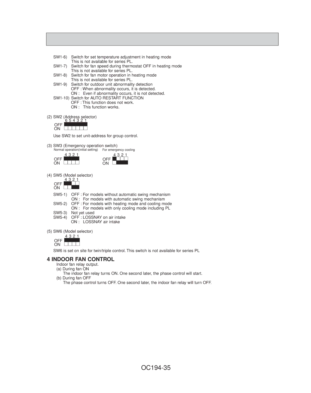 Mitsubishi Electronics PL24FK21, PL42FK21, PL36FK31, PL30FK21, PL18FK21, PL12FK1 specifications OC194-35, Indoor FAN Control 