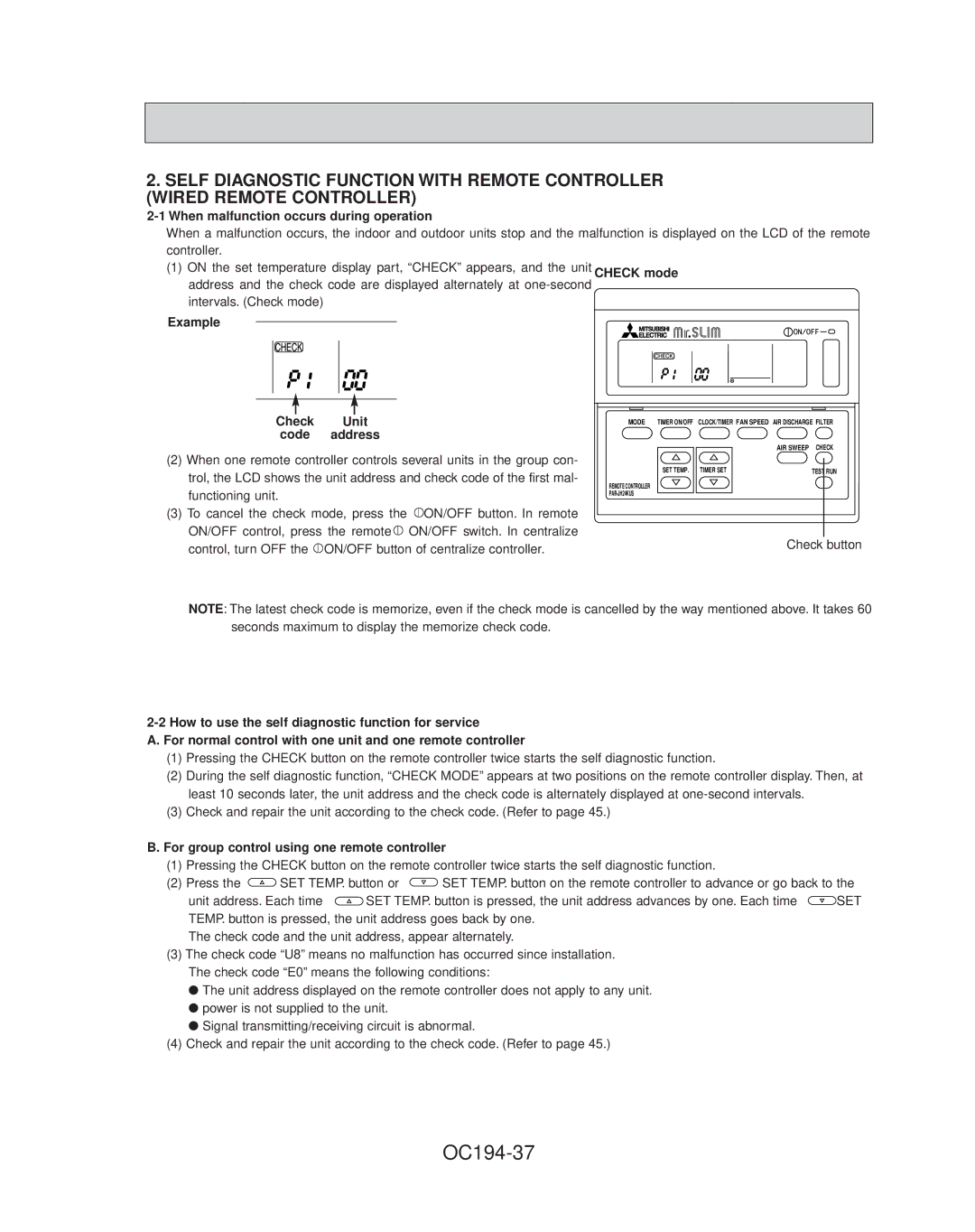 Mitsubishi Electronics PL36FK31, PL42FK21, PL30FK21, PL18FK21 OC194-37, When malfunction occurs during operation, Check mode 