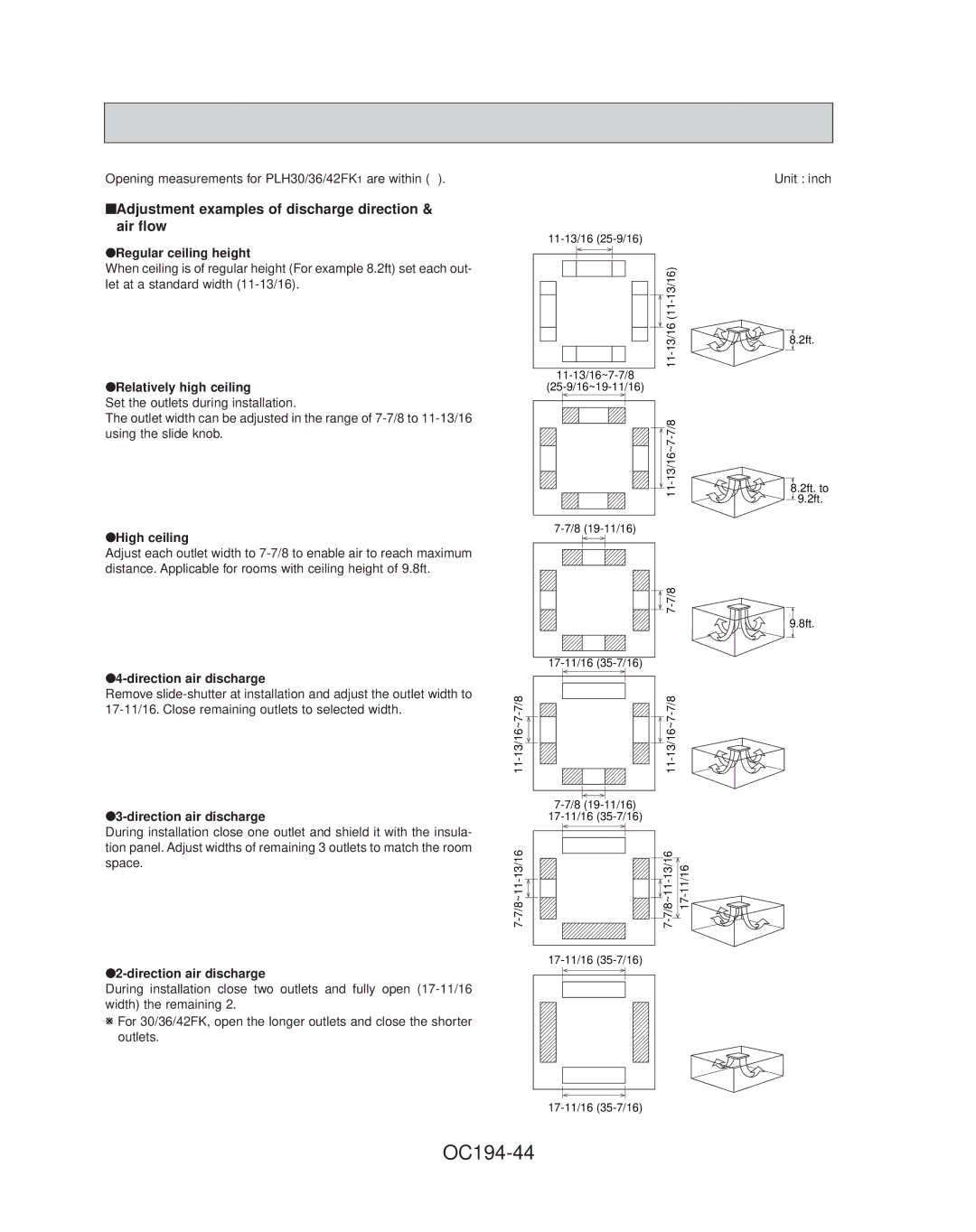 Mitsubishi Electronics PL30FK21, PL42FK21, PL36FK31 OC194-44, Regular ceiling height, Relatively high ceiling, High ceiling 