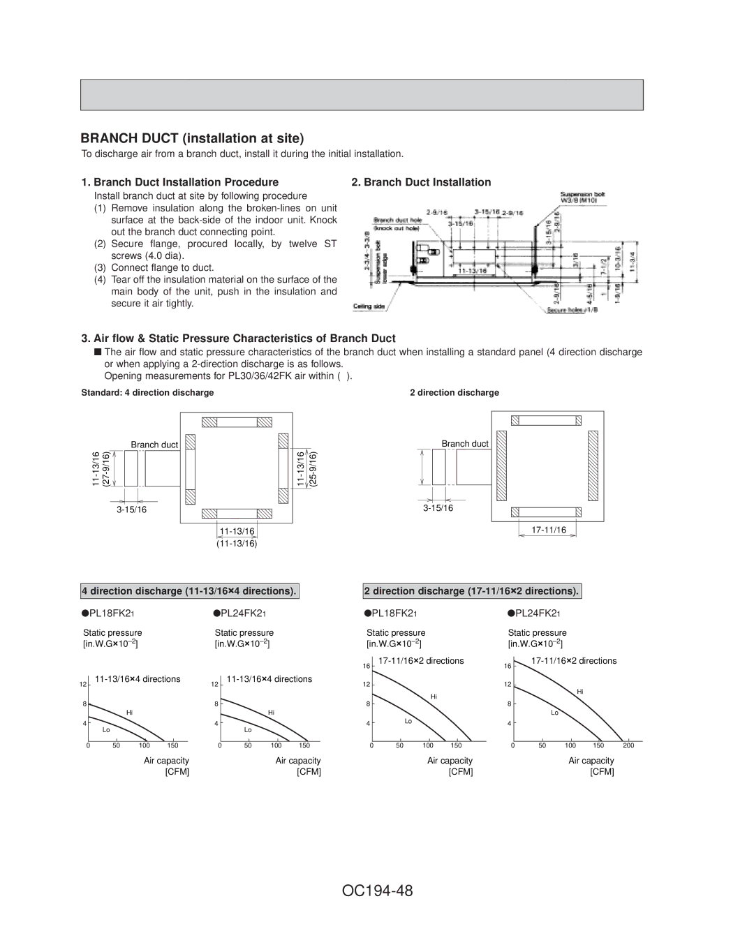 Mitsubishi Electronics PL42FK21 OC194-48, Branch Duct installation at site, Direction discharge 11-13/16O4 directions 