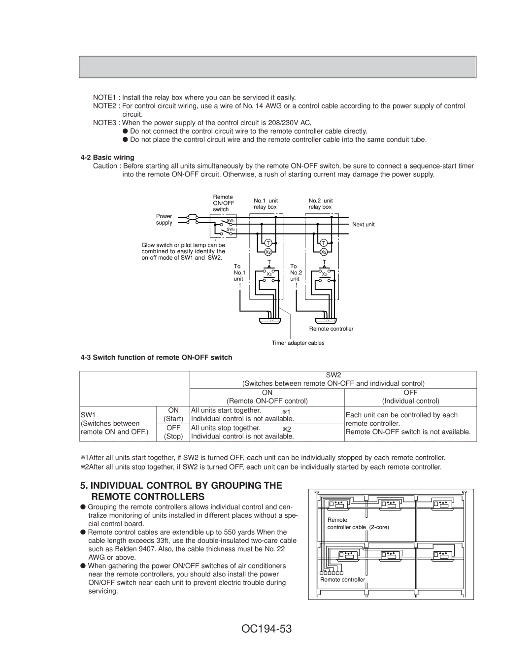 Mitsubishi Electronics PL24FK21, PL42FK21 OC194-53, Individual Control by Grouping the Remote Controllers, Basic wiring 