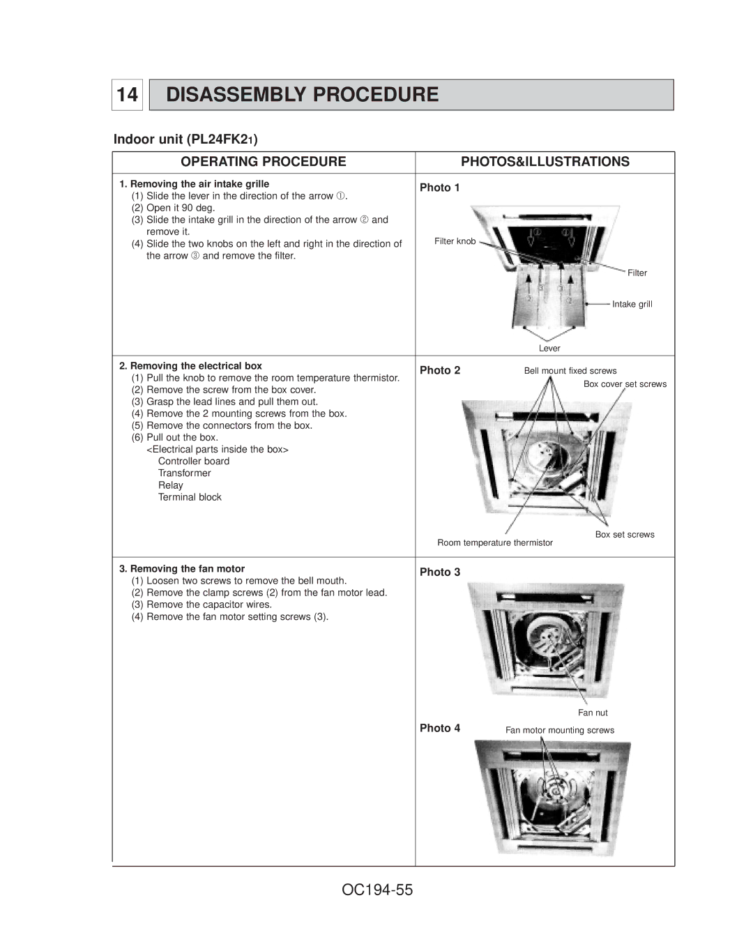 Mitsubishi Electronics PL36FK31, PL42FK21, PL30FK21, PL18FK21, PL12FK1 Disassembly Procedure, OC194-55, Indoor unit PL24FK21 