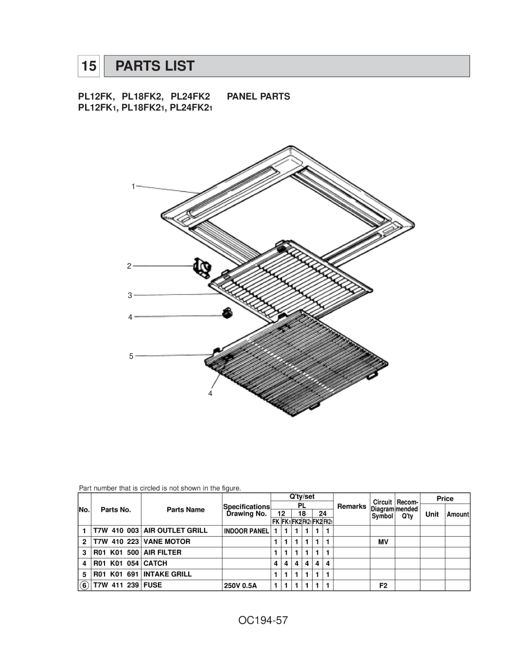 Mitsubishi Electronics Parts List, OC194-57, PL12FK, PL18FK2, PL24FK2 Panel Parts, PL12FK1, PL18FK21, PL24FK21 