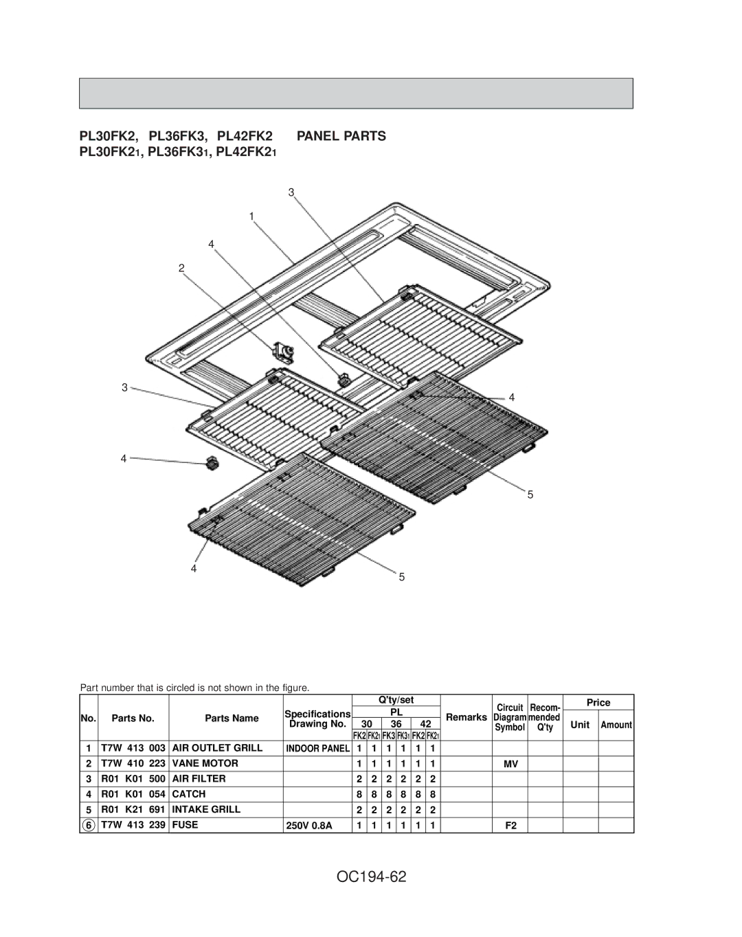 Mitsubishi Electronics PL30FK21, PL42FK21 OC194-62, PL30FK2, PL36FK3, PL42FK2 Panel Parts, T7W 413, R01 K21 691, 250V 0.8A 