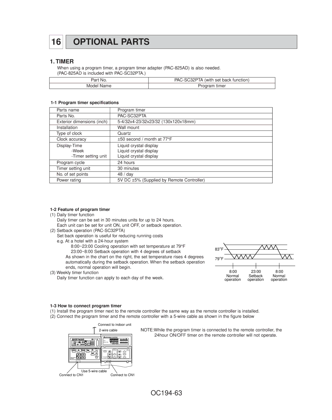 Mitsubishi Electronics PL18FK21, PL42FK21, PL36FK31, PL30FK21, PL12FK1, PL24FK21 specifications Optional Parts, OC194-63, Timer 