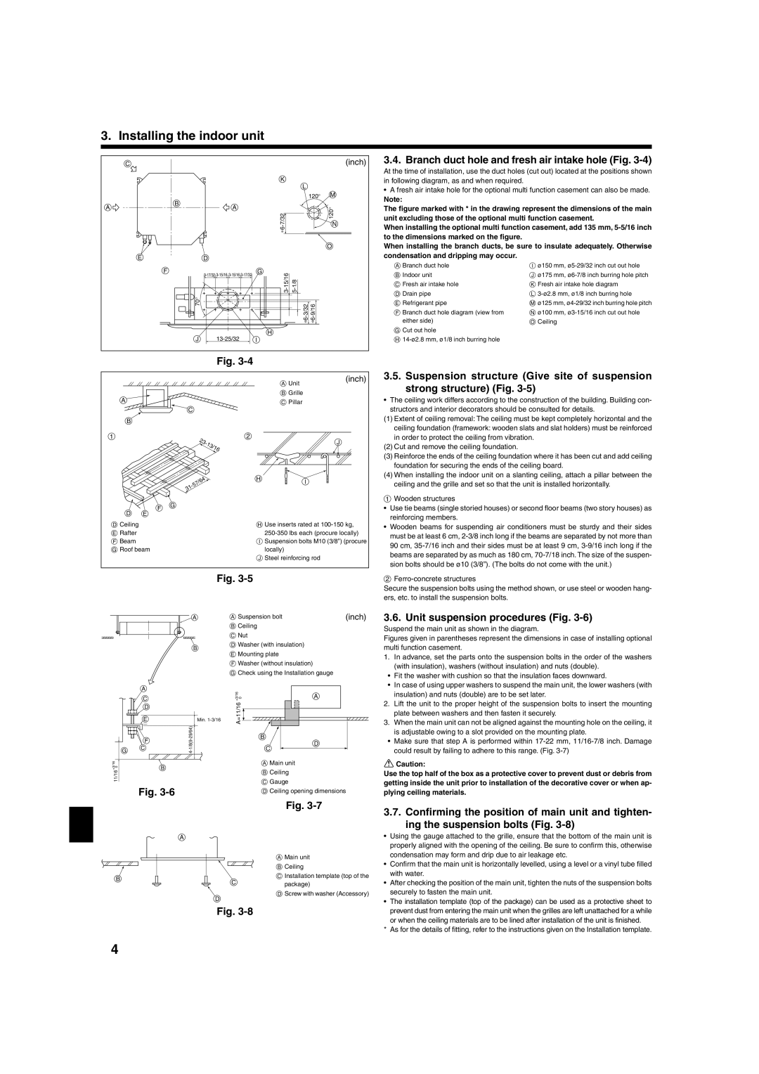 Mitsubishi Electronics PLA-A-AA Branch duct hole and fresh air intake hole Fig, Unit suspension procedures Fig, 13/16 