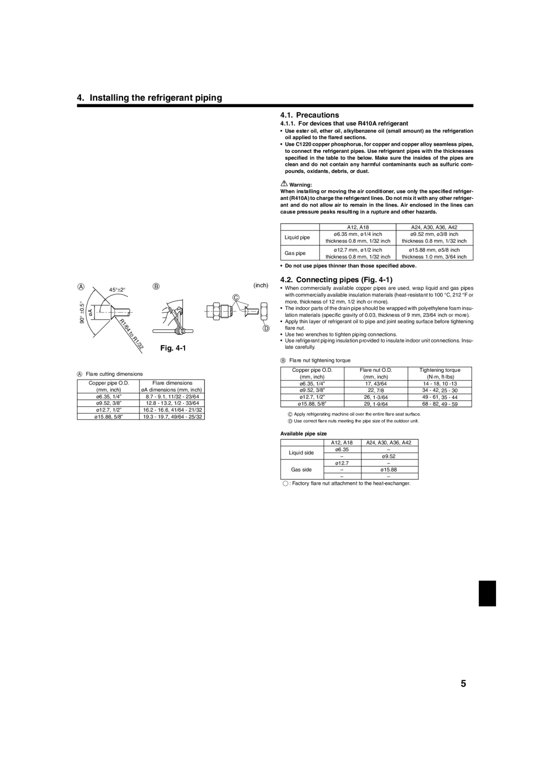 Mitsubishi Electronics PLA-A-AA Installing the refrigerant piping, Precautions, Connecting pipes Fig, 45 ±2 