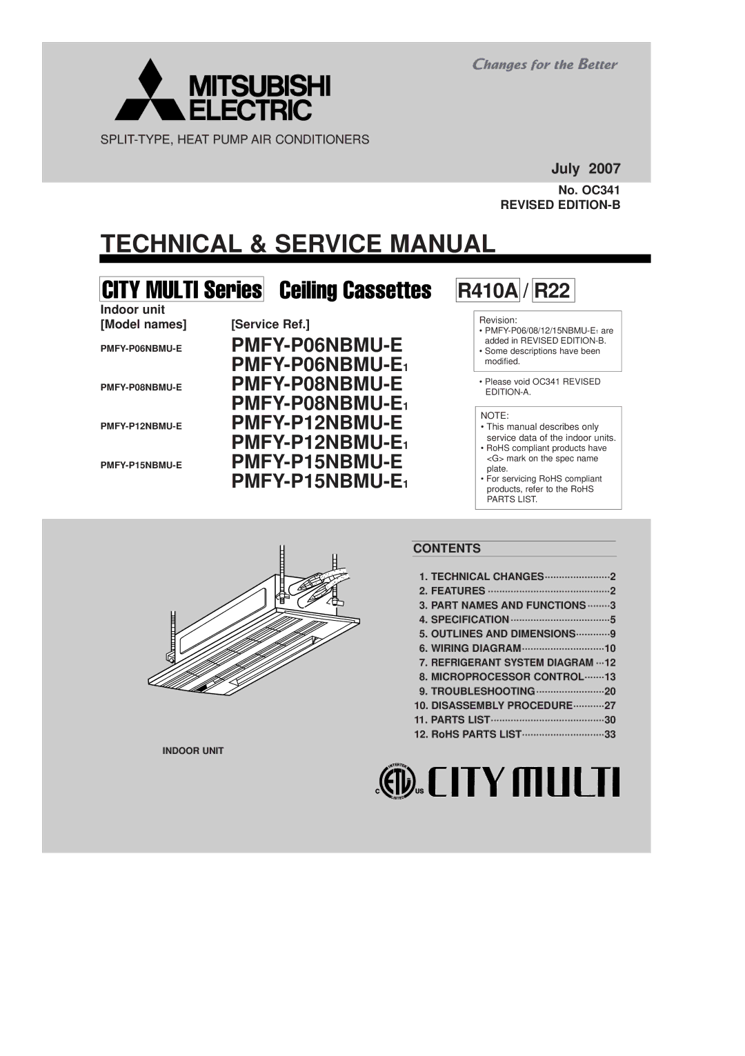 Mitsubishi Electronics PMFY-P08NBMU-E1, PMFY-P06NBMU-E1, PMFY-P12NBMU-E1 service manual Revised EDITION-B, Contents 