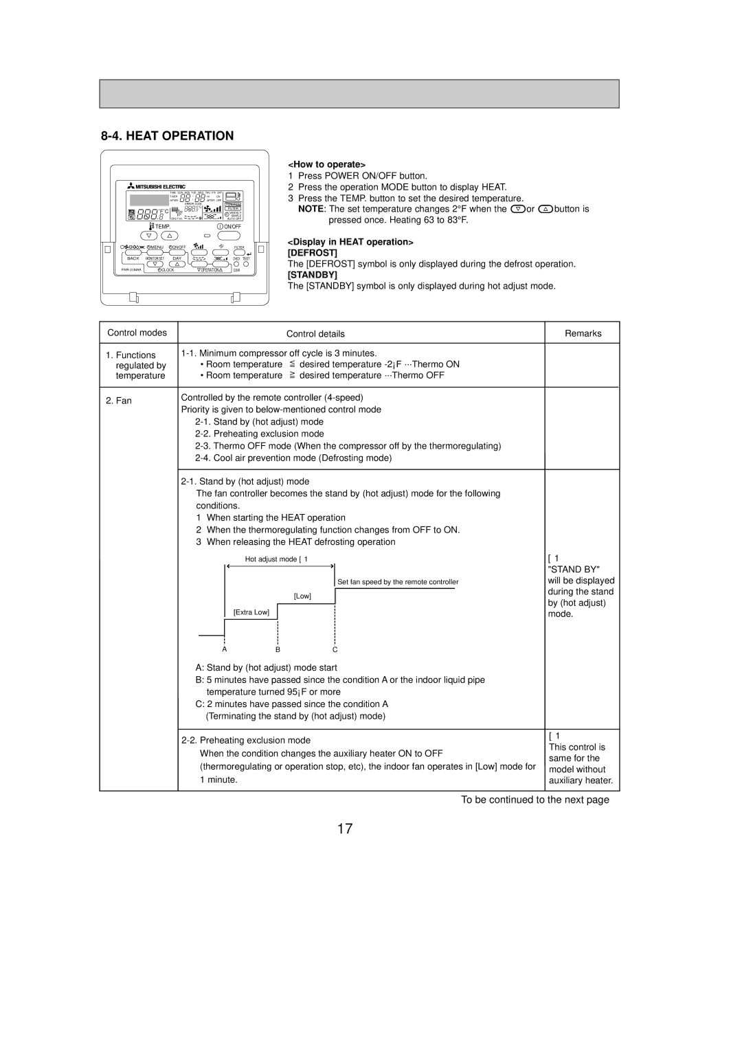 Mitsubishi Electronics PMFY-P12NBMU-E Heat Operation, Pressed once. Heating 63 to 83F, Display in Heat operation Defrost 